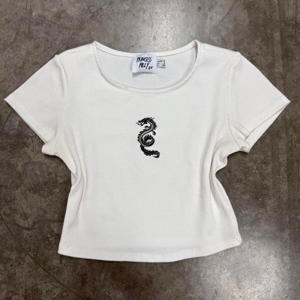 Princess Polly White Dragon Graphic Ribbed Crop Top Tee Y2K Size 4